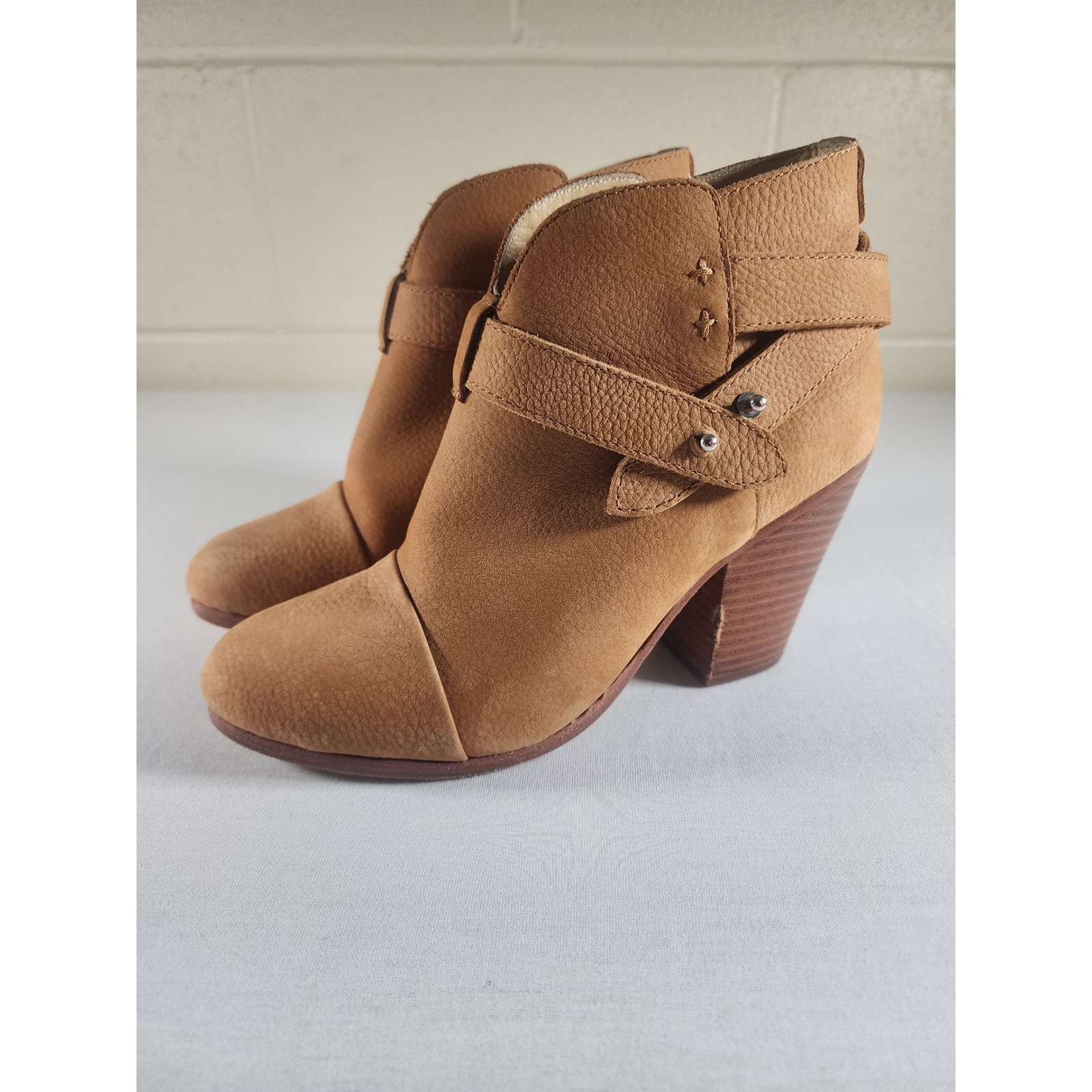 Rag & Bone Harrow Womens 37.5 Tan Nubuck Leather Wrap Strap Ankle Boots Stacked
